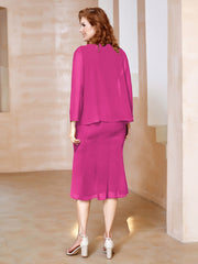 Robe Fourreau à Col en Scoop Longueur de Mollet en Mousseline Fuchsia Grande Taille