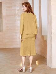 Robe Fourreau à Col en Scoop Longueur de Mollet en Mousseline Or