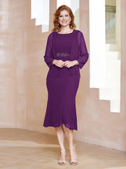 Robe Fourreau à Col en Scoop Longueur de Mollet en Mousseline Raisin Grande Taille