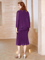 Robe Fourreau à Col en Scoop Longueur de Mollet en Mousseline Raisin Grande Taille