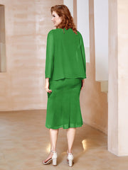 Robe Fourreau à Col en Scoop Longueur de Mollet en Mousseline Vert