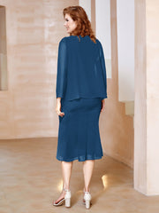 Robe Fourreau à Col en Scoop Longueur de Mollet en Mousseline Bleu Encre Grande Taille