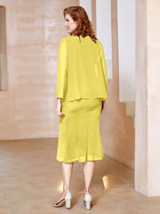 Robe Fourreau à Col en Scoop Longueur de Mollet en Mousseline Citron Grande Taille