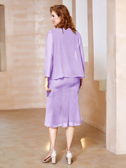 Robe Fourreau à Col en Scoop Longueur de Mollet en Mousseline Lilas