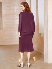 Robe Fourreau à Col en Scoop Longueur de Mollet en Mousseline Mûre Grande Taille