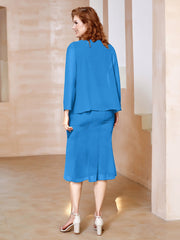 Robe Fourreau à Col en Scoop Longueur de Mollet en Mousseline Bleu Océan