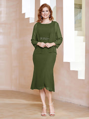 Robe Fourreau à Col en Scoop Longueur de Mollet en Mousseline Olive Verte Grande Taille