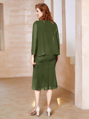 Robe Fourreau à Col en Scoop Longueur de Mollet en Mousseline Olive Verte Grande Taille