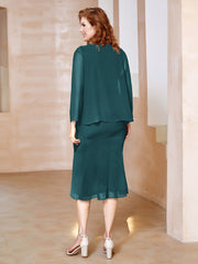 Robe Fourreau à Col en Scoop Longueur de Mollet en Mousseline Paon