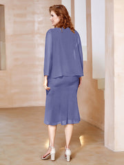 Robe Fourreau à Col en Scoop Longueur de Mollet en Mousseline Pervenche