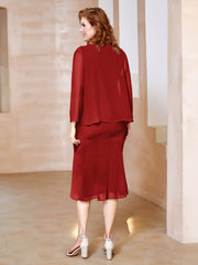 Robe Fourreau à Col en Scoop Longueur de Mollet en Mousseline Rouge