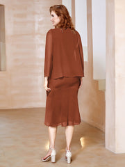 Robe Fourreau à Col en Scoop Longueur de Mollet en Mousseline Rouille