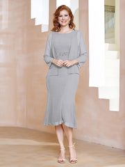 Robe Fourreau à Col en Scoop Longueur de Mollet en Mousseline Argent Grande Taille