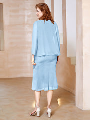 Robe Fourreau à Col en Scoop Longueur de Mollet en Mousseline Bleu Ciel