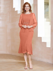 Robe Fourreau à Col en Scoop Longueur de Mollet en Mousseline Crépuscule Grande Taille