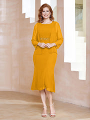 Robe Fourreau à Col en Scoop Longueur de Mollet en Mousseline Mandarine Grande Taille