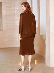 Robe Fourreau à Col en Scoop Longueur de Mollet en Mousseline Terracotta Grande Taille
