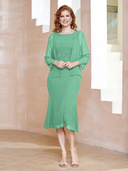Robe Fourreau à Col en Scoop Longueur de Mollet en Mousseline Turquoise