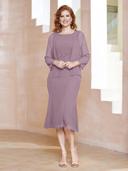 Robe Fourreau à Col en Scoop Longueur de Mollet en Mousseline Vintage Mauve