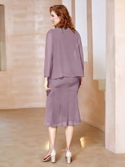 Robe Fourreau à Col en Scoop Longueur de Mollet en Mousseline Vintage Mauve