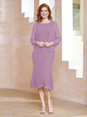 Robe Fourreau à Col en Scoop Longueur de Mollet en Mousseline Glycine Grande Taille
