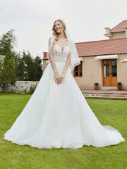 Robe de Mariée en Dentelle à Col en Cœur Plongeant Sans Manches Blanc