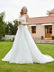 Robe de Mariée en Dentelle à Col en Cœur Plongeant Sans Manches Blanc