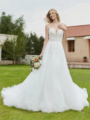 Robe de Mariée en Dentelle à Col en Cœur Plongeant Sans Manches Blanc