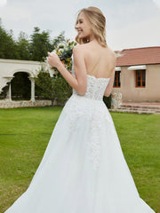 Robe de Mariée en Dentelle à Col en Cœur Plongeant Sans Manches Blanc