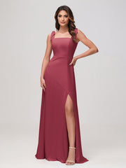 Robe Longueur au Sol en Mousseline à Encolure Carrée Sans Manches Cannelle Rose