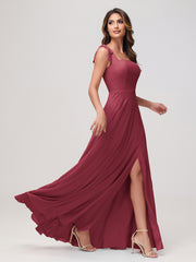 Robe Longueur au Sol en Mousseline à Encolure Carrée Sans Manches Cannelle Rose