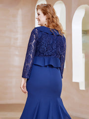 Robe Fourreau en Mousseline Longueur de Mollet à Col en Scoop avec Dentelle Bleu Marine Clair