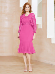 Robe Fourreau en Mousseline Longueur de Mollet à Col en Scoop avec Dentelle Azalée Grande Taille