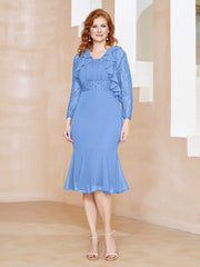 Robe Fourreau en Mousseline Longueur de Mollet à Col en Scoop avec Dentelle Bleu