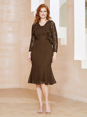 Robe Fourreau en Mousseline Longueur de Mollet à Col en Scoop avec Dentelle Brun