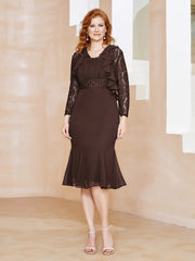 Robe Fourreau en Mousseline Longueur de Mollet à Col en Scoop avec Dentelle Chocolat Grande Taille
