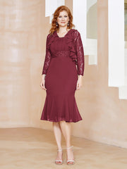 Robe Fourreau en Mousseline Longueur de Mollet à Col en Scoop avec Dentelle Cannelle Rose