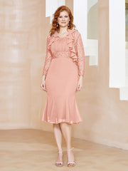 Robe Fourreau en Mousseline Longueur de Mollet à Col en Scoop avec Dentelle Corail