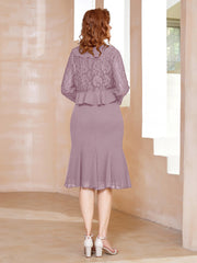 Robe Fourreau en Mousseline Longueur de Mollet à Col en Scoop avec Dentelle Dusk Grande Taille