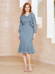 Robe Fourreau en Mousseline Longueur de Mollet à Col en Scoop avec Dentelle Bleu Poudré Grande Taille
