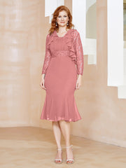 Robe Fourreau en Mousseline Longueur de Mollet à Col en Scoop avec Dentelle Flamant Grande Taille