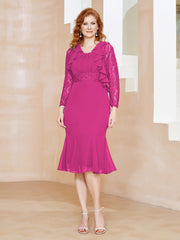 Robe Fourreau en Mousseline Longueur de Mollet à Col en Scoop avec Dentelle Fuchsia