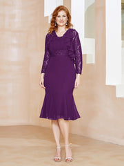 Robe Fourreau en Mousseline Longueur de Mollet à Col en Scoop avec Dentelle Raisin Grande Taille