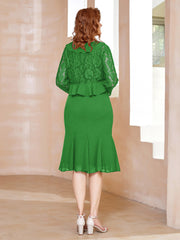 Robe Fourreau en Mousseline Longueur de Mollet à Col en Scoop avec Dentelle Vert