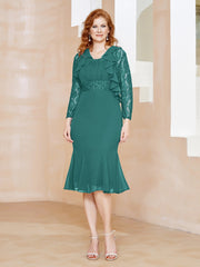 Robe Fourreau en Mousseline Longueur de Mollet à Col en Scoop avec Dentelle Jade Grande Taille