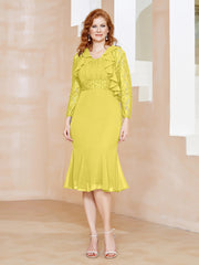 Robe Fourreau en Mousseline Longueur de Mollet à Col en Scoop avec Dentelle Citron