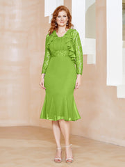 Robe Fourreau en Mousseline Longueur de Mollet à Col en Scoop avec Dentelle Vert Citron