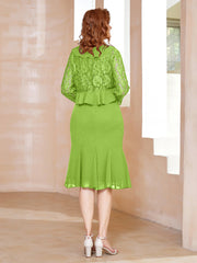 Robe Fourreau en Mousseline Longueur de Mollet à Col en Scoop avec Dentelle Vert Citron Grande Taille