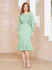 Robe Fourreau en Mousseline Longueur de Mollet à Col en Scoop avec Dentelle Vert Menthe Grande Taille