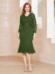 Robe Fourreau en Mousseline Longueur de Mollet à Col en Scoop avec Dentelle Mousse Grande Taille